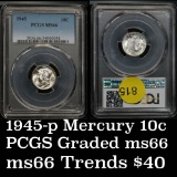 Stunning PCGS 1945-p Mercury Dime 10c Beautiful eye appeal Graded ms66 by PCGS Blast white