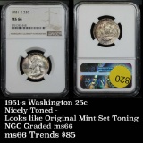 Nicely toned NGC 1951-s Washington Quarter 25c Original mint set example Graded ms66 By NGC