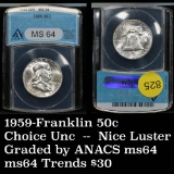 ANACS 1959-p Franklin Half Dollar 50c nice luster Graded ms64 By ANACS good eye appeal