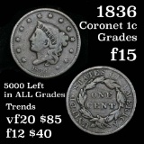 very near vf20 1836 Coronet Head Large Cent 1c Grades f+