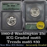 Nice gem example of the 1960-d Washington Quarter 25c Graded ms65 By ICG