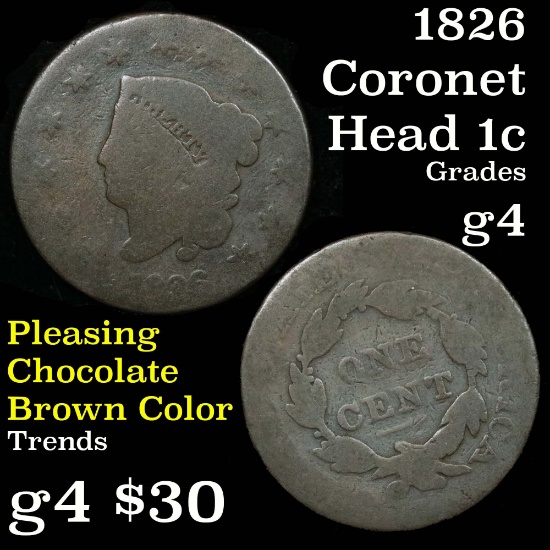 1826 Coronet Head Large Cent 1c Grades g, good