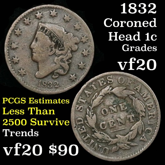 1832 Coronet Head Large Cent 1c Grades vf, very fine