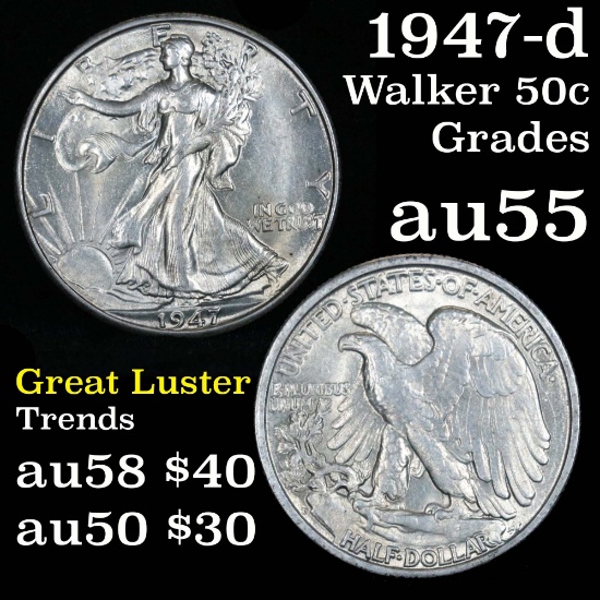 1947-d Walking Liberty Half Dollar 50c Grades Choice AU