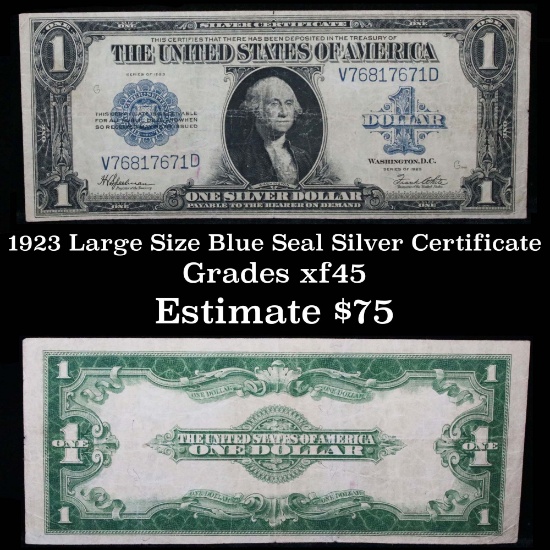 1923 large size blue seal $1 silver certificate Grades xf+