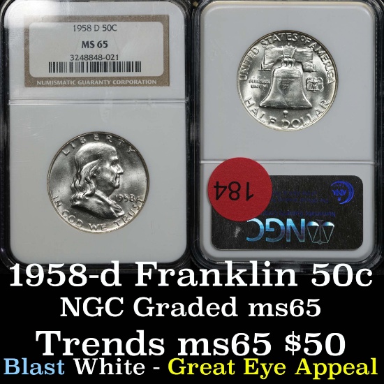 NGC 1958-d Franklin Half Dollar 50c Graded ms65 by NGC