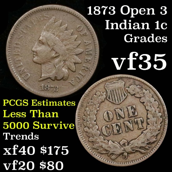 1873 open 3 Indian Cent 1c Grades vf++