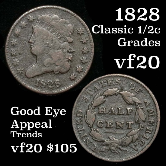 1828 Classic Head half cent 1/2c Grades vf, very fine