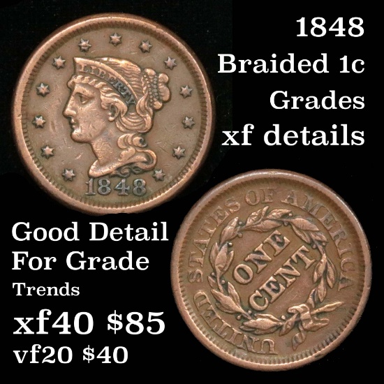 1848 Braided Hair Large Cent 1c Grades xf details