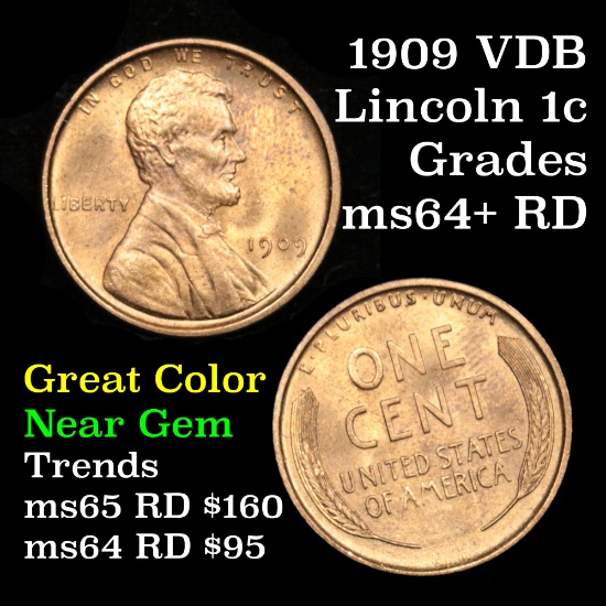 1909 vdb Lincoln Cent 1c Grades Choice+ Unc RD