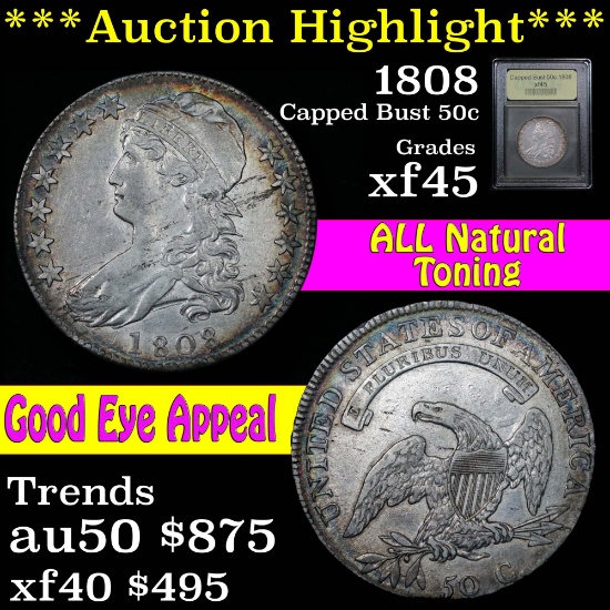 ***Auction Highlight*** 1808 Capped Bust Half Dollar 50c Graded xf+ by USCG (fc)