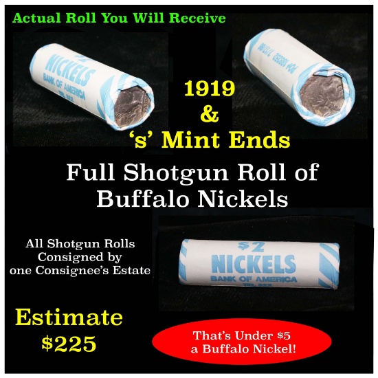Roll of Buffalo Nickels, 1919 & 's' mint Ends Buffalo Nickel 5c Grades Above Average circ