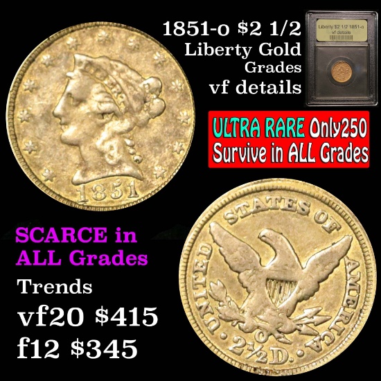 1851-o Gold Liberty Quarter Eagle $2 1/2 Graded vf details by USCG (fc)