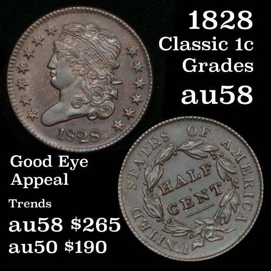 1828 Classic Head half cent 1/2c Grades Choice AU/BU Slider (fc)