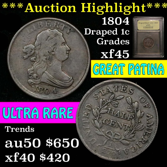 ***Auction Highlight*** 1804 Draped Bust Half Cent 1/2c Graded xf+ by USCG (fc)