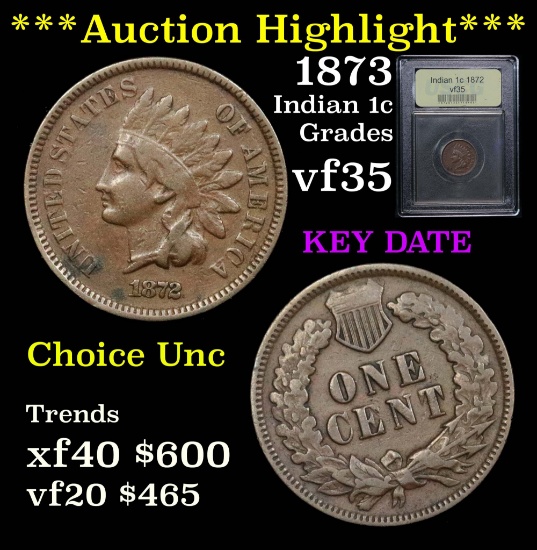 ***Auction Highlight*** 1872 Indian Cent 1c Graded vf++ by USCG (fc)