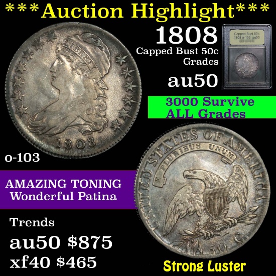 ***Auction Highlight*** 1808 o-103 Capped Bust Half Dollar 50c Graded AU, Almost Unc by USCG (fc)