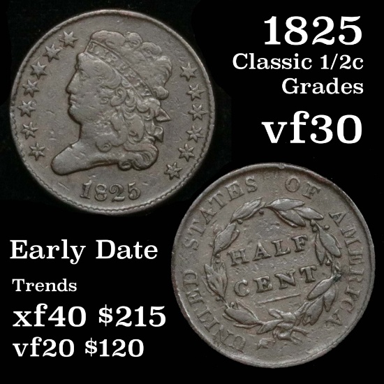 1825 Classic Head half cent 1/2c Grades vf++