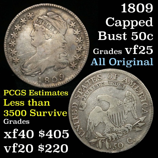 1809 Capped Bust Half Dollar 50c Grades vf+ (fc)