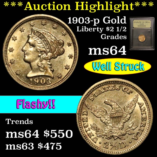 ***Auction Highlight*** 1903-p Gold Liberty Quarter Eagle $2 1/2 Graded Choice Unc by USCG (fc)