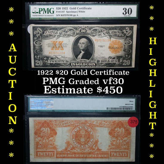 ***Auction Highlight*** 1922 $20 Gold certificate Graded vf++ by PMG (fc)