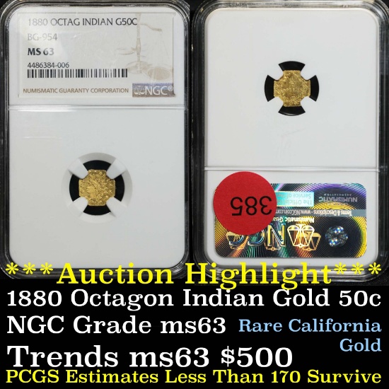 ***Auction Highlight*** NGC 1880 Octag Indian California fractional gold 50c Graded ms63 by NGC (fc)