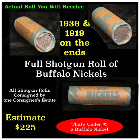 Roll of Buffalo Nickels, 1936 & 1919 Ends Buffalo Nickel 5c Grades Above Average circ