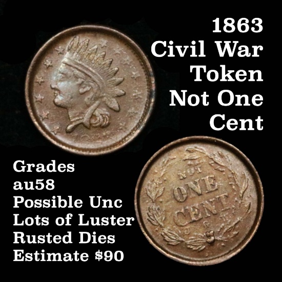 1863 Indian Not One Cent Fuld 93/362a  Civil War Token Grades Choice AU/BU Slider