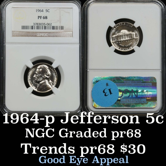 NGC 1964 Jefferson Nickel 5c Graded pf68 by NGC