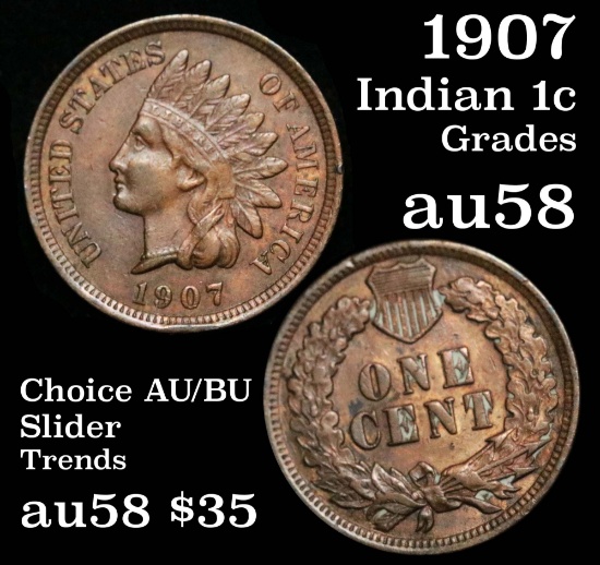 1907 Indian Cent 1c Grades Choice AU/BU Slider