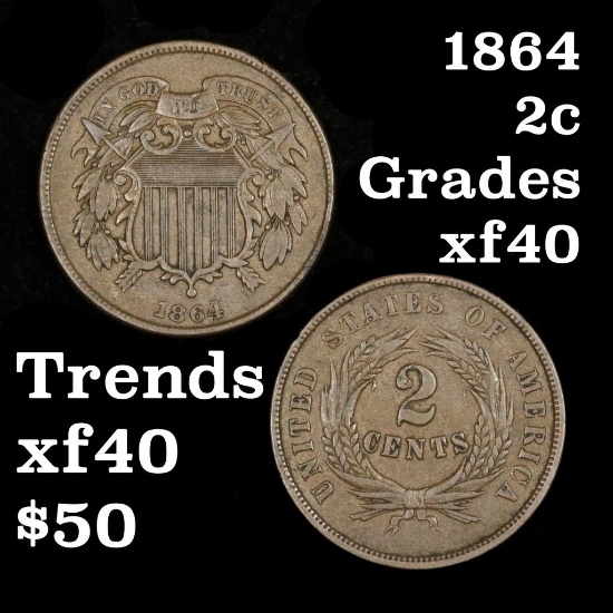 1864 2 Cent Piece 2c Grades xf