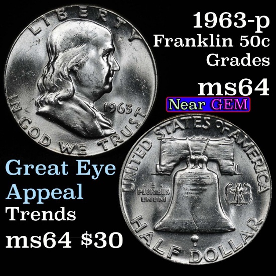 Blast White 1963-p Franklin Half Dollar 50c Super Eye Appeal Grades Choice Unc