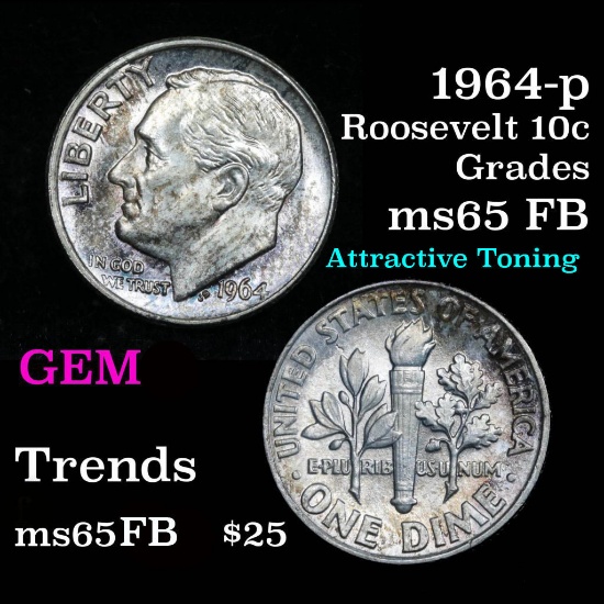 Attractive Toning 1964-p Roosevelt Dime 10c Grades Gem Full Bands