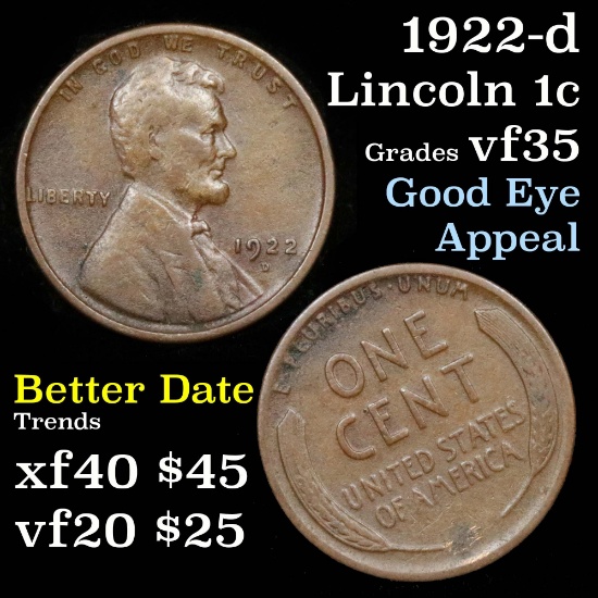 1922-d Lincoln Cent 1c Grades vf+