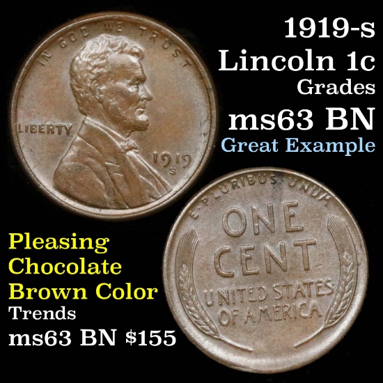 1919-s Lincoln Cent 1c Grades Select Unc BN