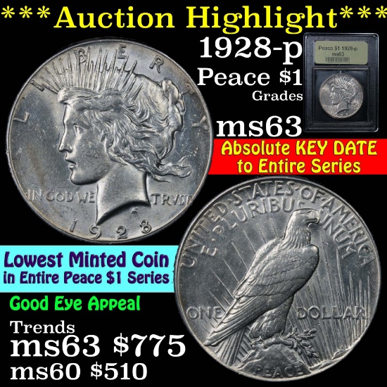 ***Auction Highlight*** 1928-p Peace Dollar $1 Graded Select Unc by USCG. A