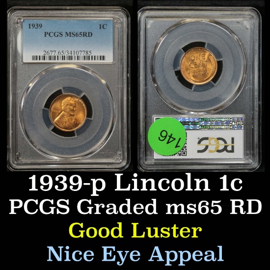 PCGS 1939-p Lincoln Cent 1c Graded ms65 rd By PCGS