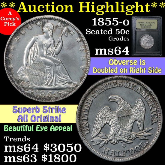 ***Auction Highlight*** 1855-o Seated Half Dollar 50c Doubled obverse Graded Choice Unc By USCG (fc)