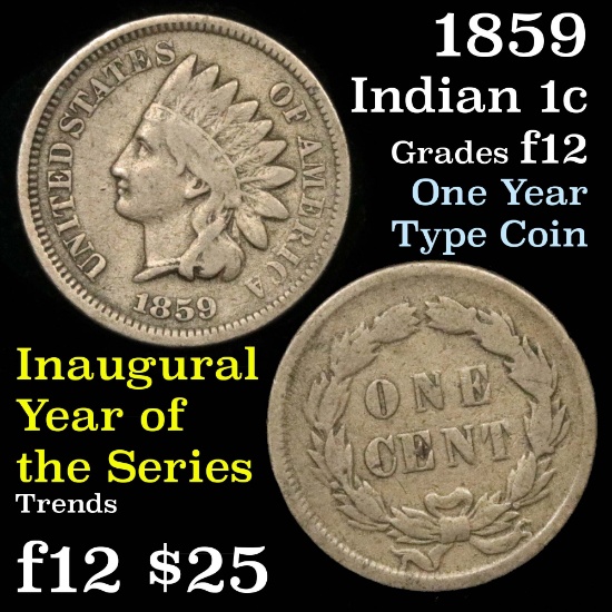 1859 Indian Cent 1c Grades f, fine