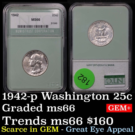 1942-p Washington Quarter 25c Graded Gem+ Unc By Numitrust