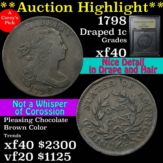 ***Auction Highlight*** 1798 Draped Bust Large Cent 1c Graded xf by USCG. T