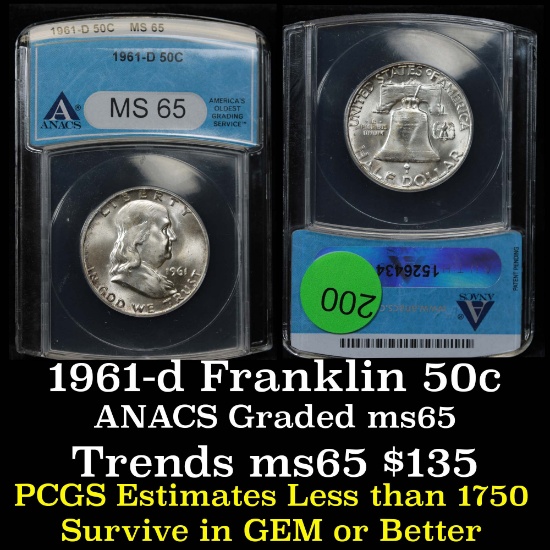 ANACS 1961-d Franklin Half Dollar 50c Graded ms65 By Anacs