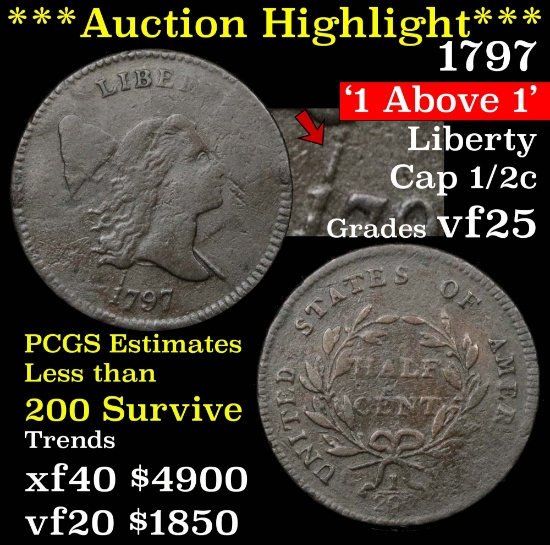 ***Auction Highlight*** 1797 1 above 1 Liberty Cap 1/2c Grades vf+ (fc)