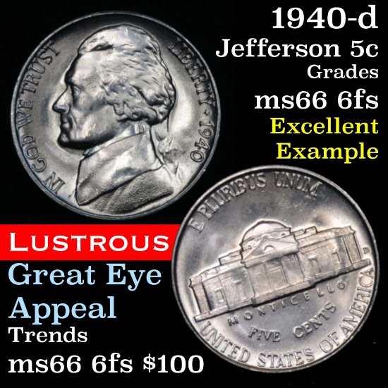 1940-d Jefferson Nickel 5c Grades GEM+ 6fs