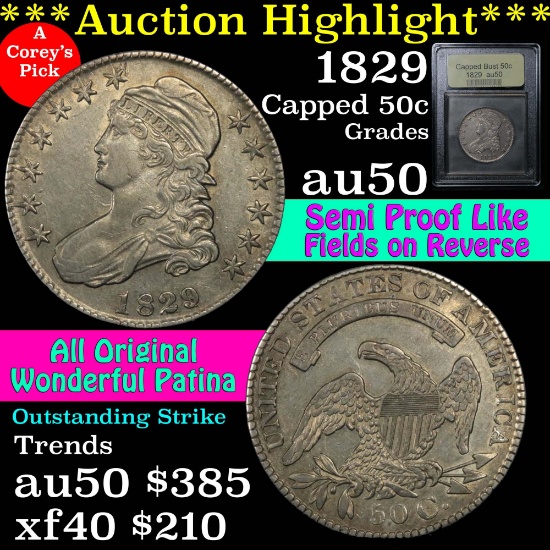 1829 Capped Bust Half Dollar 50c Graded AU, Almost Unc by USCG. Beautiful 1