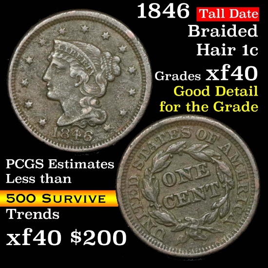 1846 Tall date Braided Hair Large Cent 1c Grades xf