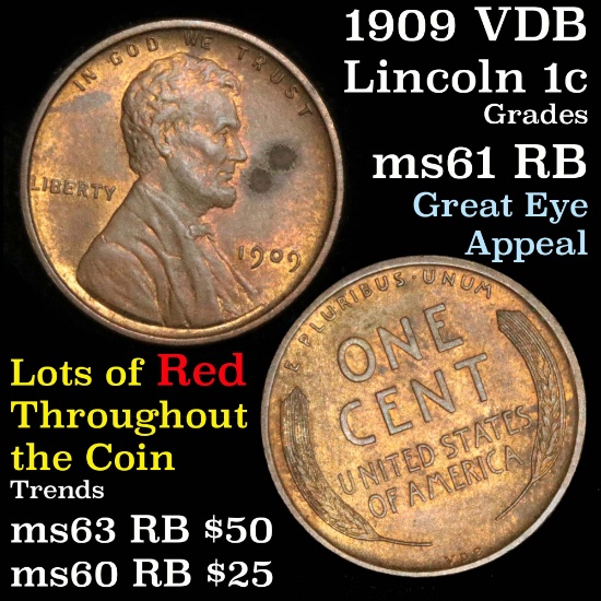 1909 VDB Lincoln Cent 1c Grades Unc+ RB