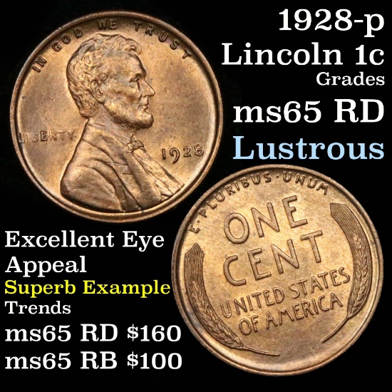 1928-p Lincoln Cent 1c Grades GEM Unc RD