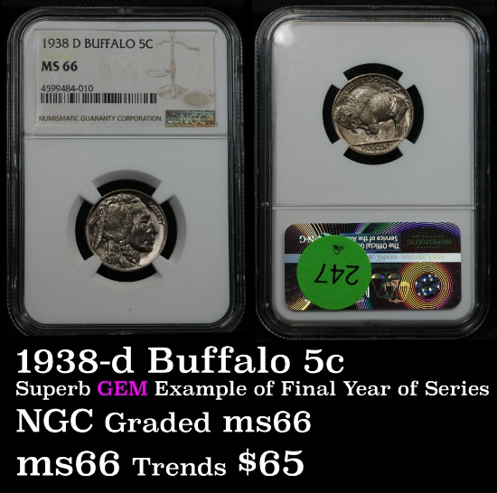 NGC 1938-d Buffalo Nickel 5c Superb luster Graded ms66 by NGC Final year of series