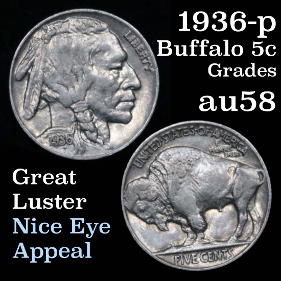 1936-p Buffalo Nickel 5c Grades Choice AU/BU Slider